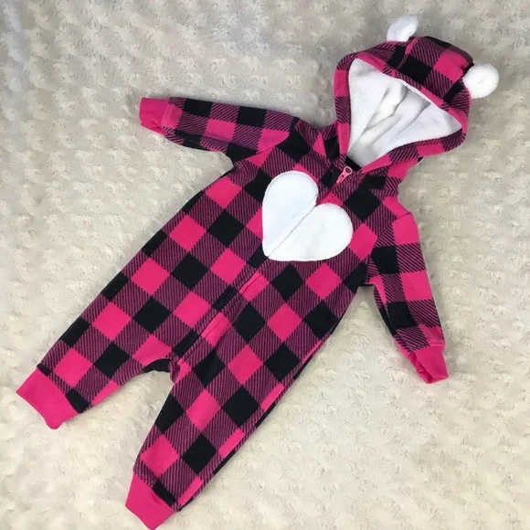 Carter’s Fleece Hooded Romper Size 3 Months Pink Black Buffalo Plaid Heart - Picture 2 of 4